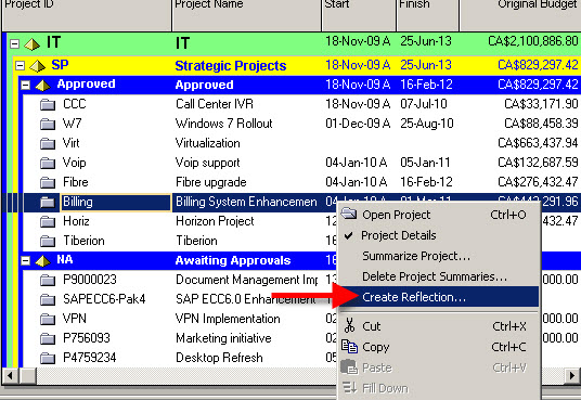 Primavera P6 Reflections - creating a reflection from the Projects window