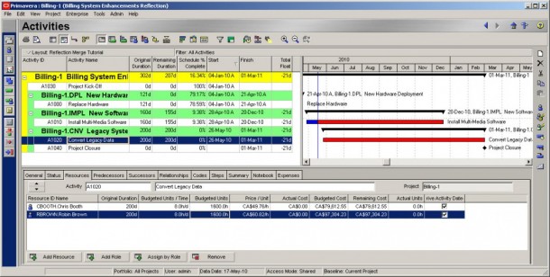 Primavera P6 reflections step 2 - the Activities window and Activity Layout are opened