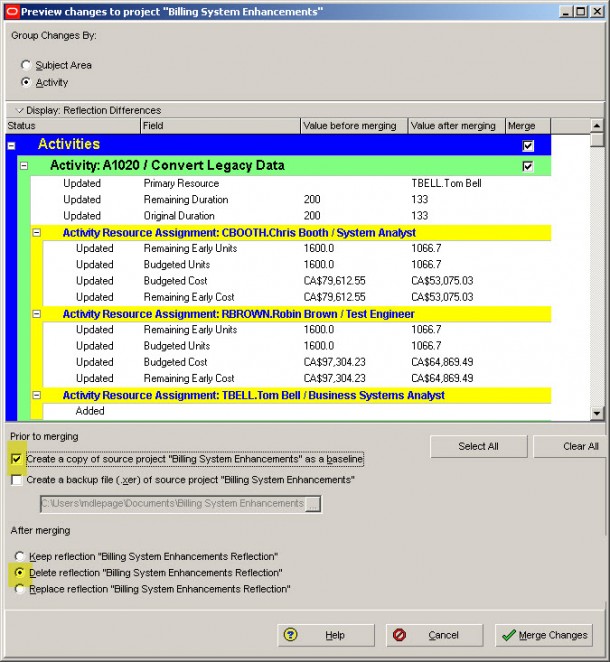 The Primavera P6 Reflections Merge Differences report 