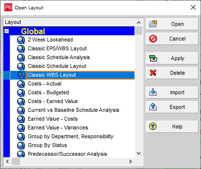 Primavera P6 Excel Export - choose a layout