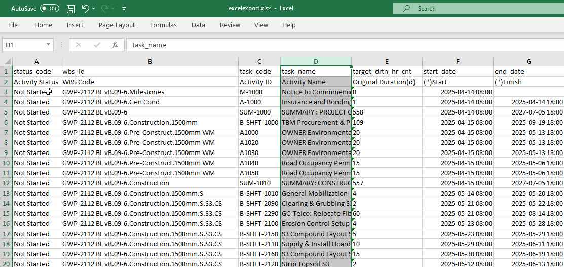 Primavera P6 Excel Export - result in Excel