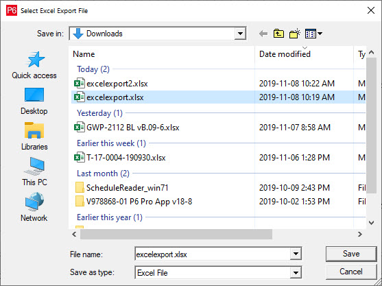Primavera P6 Excel Export - save the xls