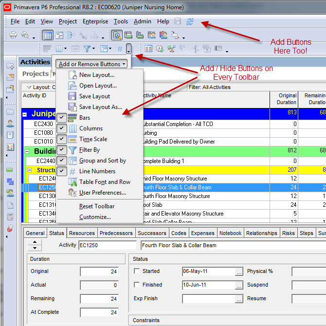 Oracle Primavera P6 toolbars screenshot