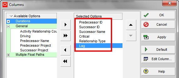 Oracle Primavera P6 Relationship Lag Report