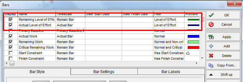 Show Level of Effort in Primavera P6 Gantt Bars