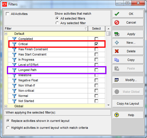 Critical Path Filter Primavera P6