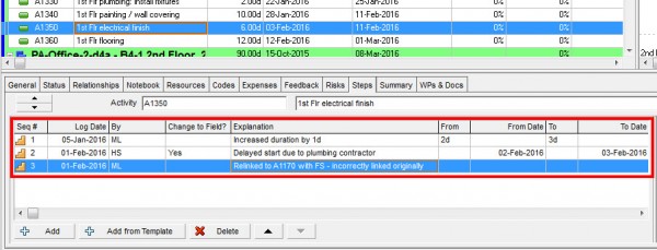 activity change log primavera p6