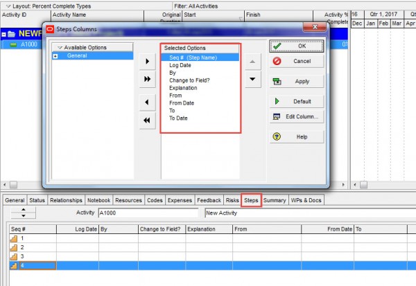 setup columns for the primavera p6 activity change log