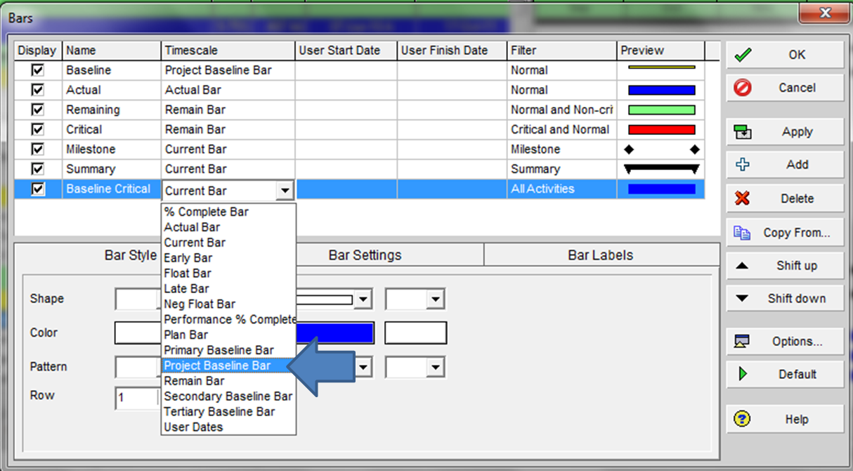 Baseline Critical Path in P6 - configuring the Gantt bar timescale