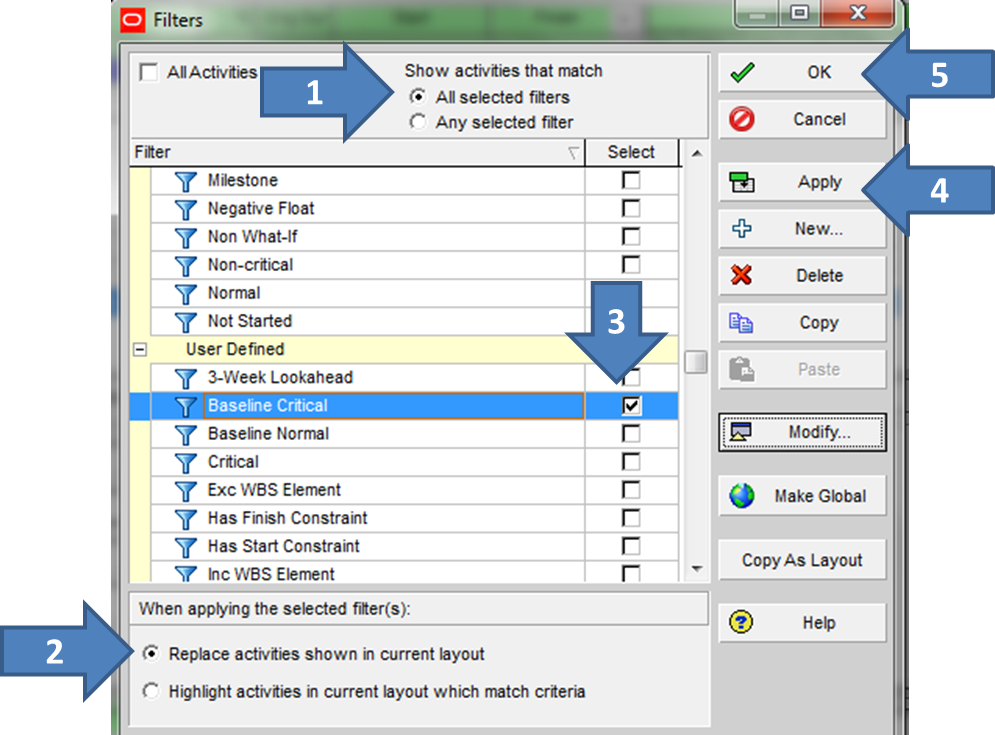 Baseline Critical Path P6 - configuring the Gantt bar filter