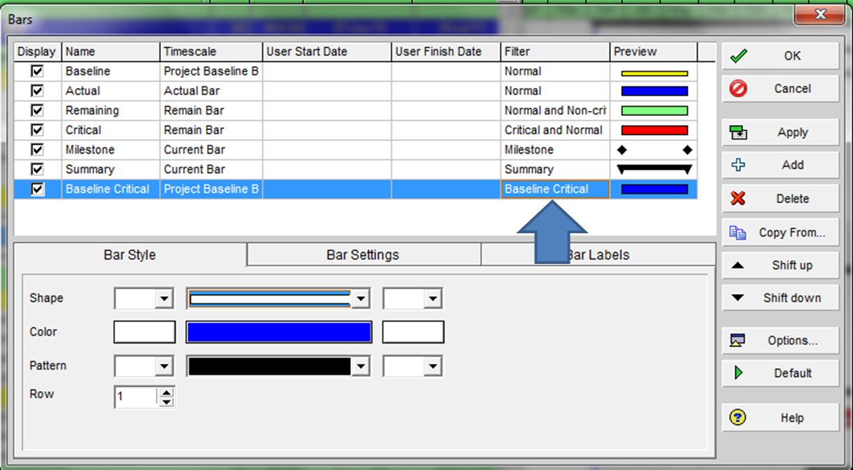 Baseline Critical Path P6 - setting the bar filter