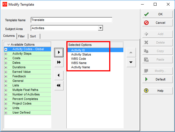 creating an export template for excel in p6