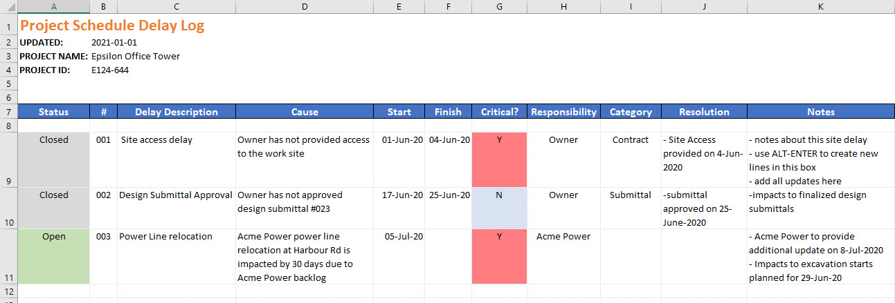 construction delay log tracker template