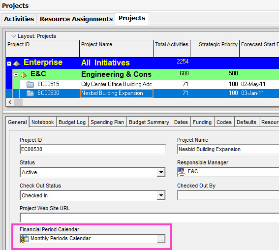 p6 20.12 financial period calendar project setting