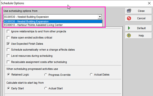 p6 v20.12 scheduling options multiproject