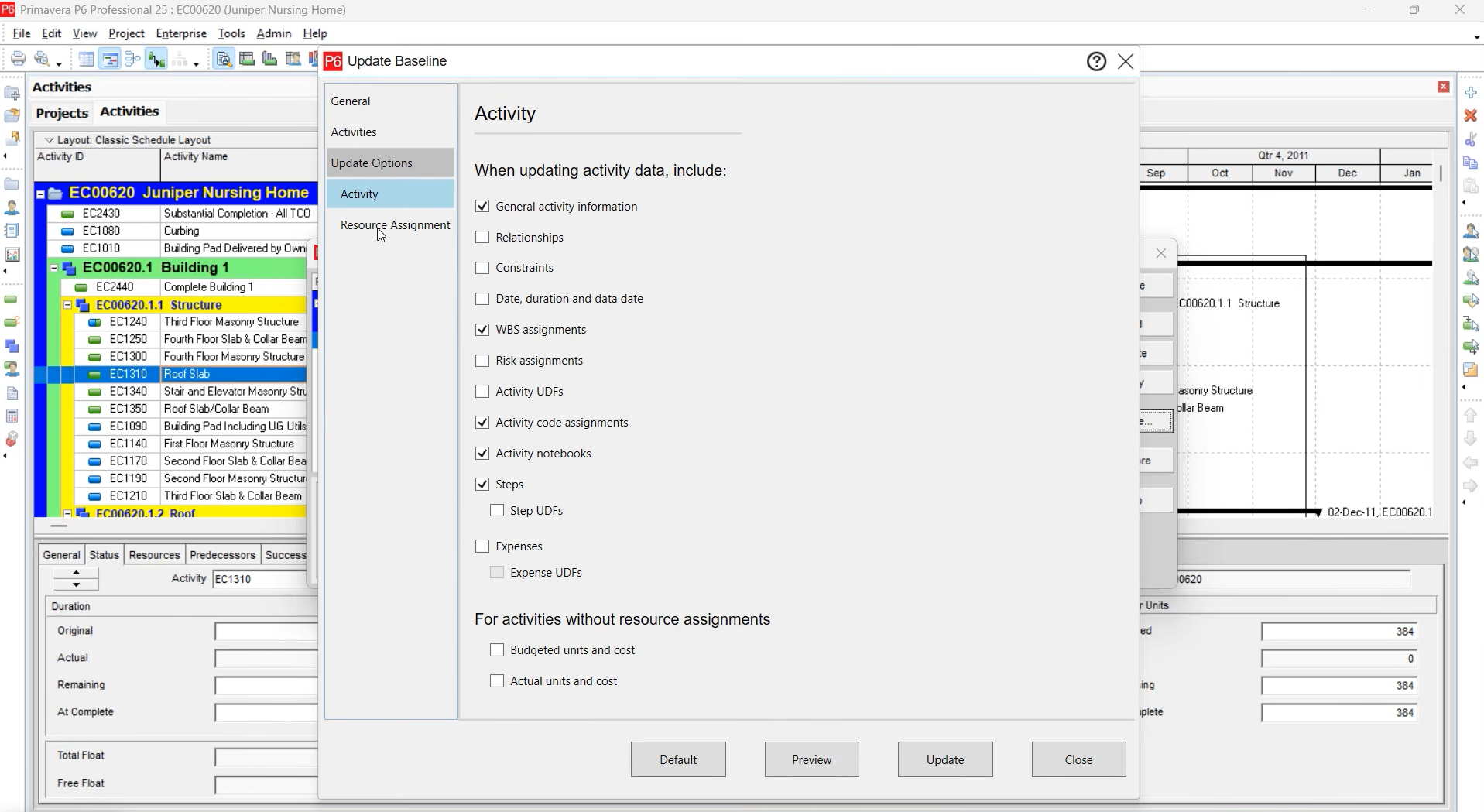 primavera p6 25.12 update baseline filters